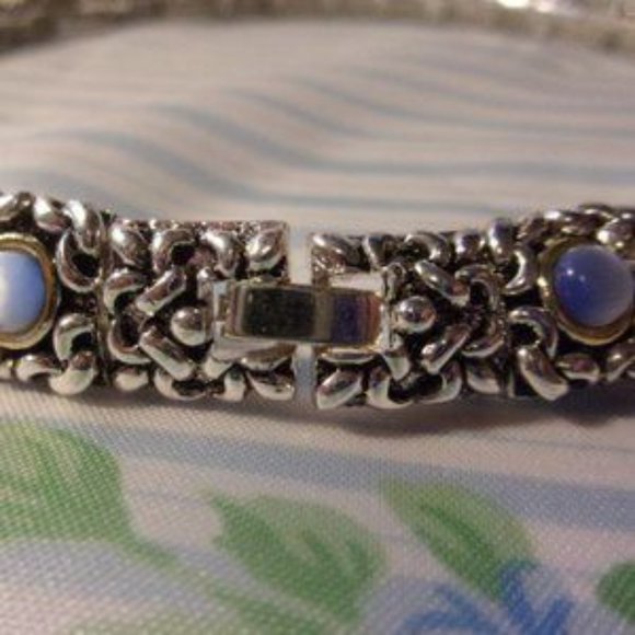 "Blue Cat's Eye Silver Tone Choker Necklace " - Picture 4 of 7